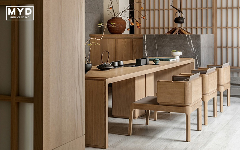 Dining area featuring minimalist Japandi design.