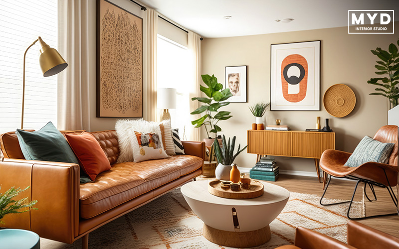 Modern living room with tan leather furniture and plants
