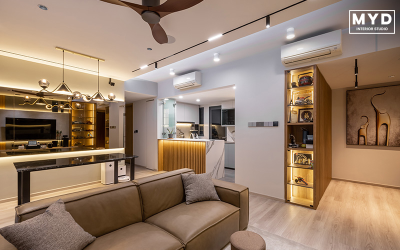 Modern luxe interior and kitchen space with warm lighting and sleek design