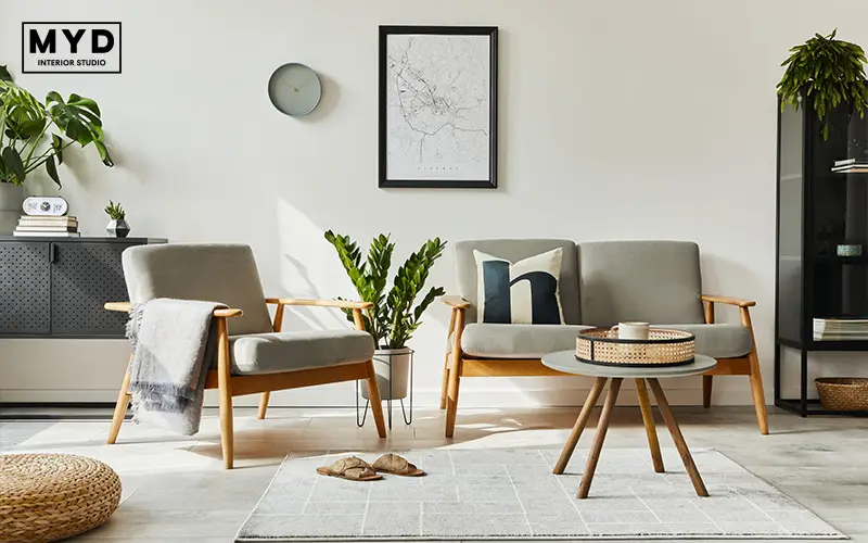 Coastal-inspired living room with light colors.