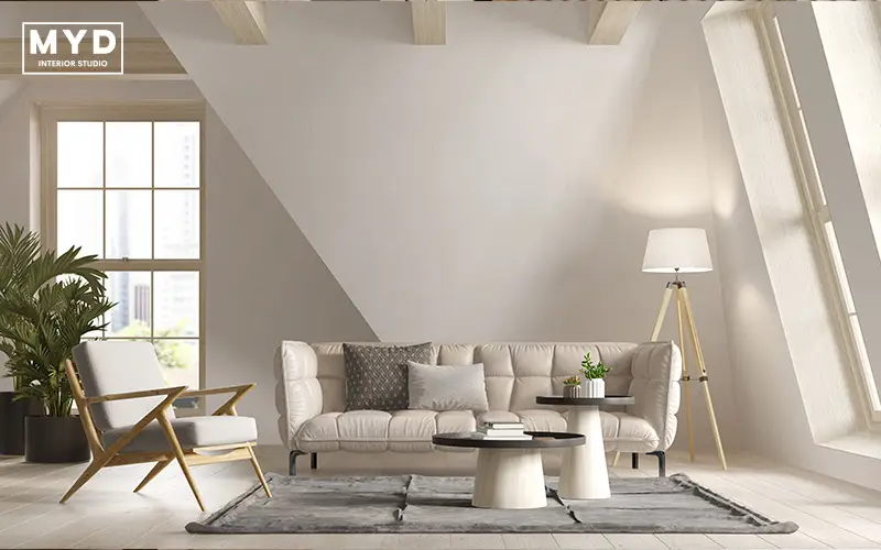 Warm minimalist living room with natural light.