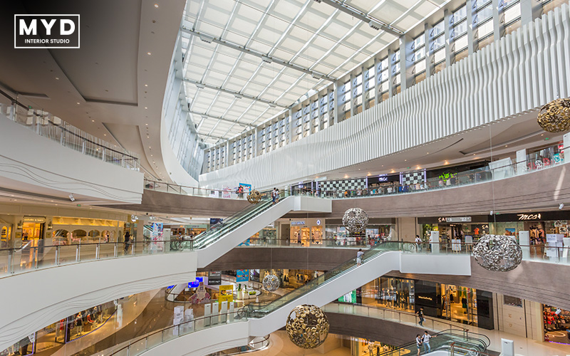 Modern and spacious shopping mall interior.